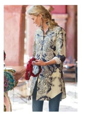 Soft Surroundings St. Remy Floral Tunic Top Large Blue Cream Pockets Cottagecore